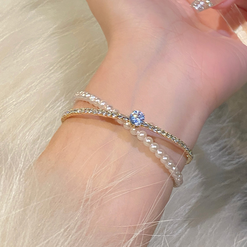 银色锆石珍珠手镯子女款素圈手镯手链轻奢小众精致手环手饰品新款