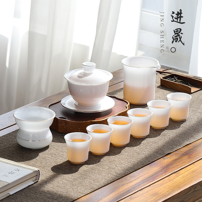 羊脂玉瓷冰种盖碗茶杯功夫茶具套装家用办公泡茶轻奢高档德化白瓷