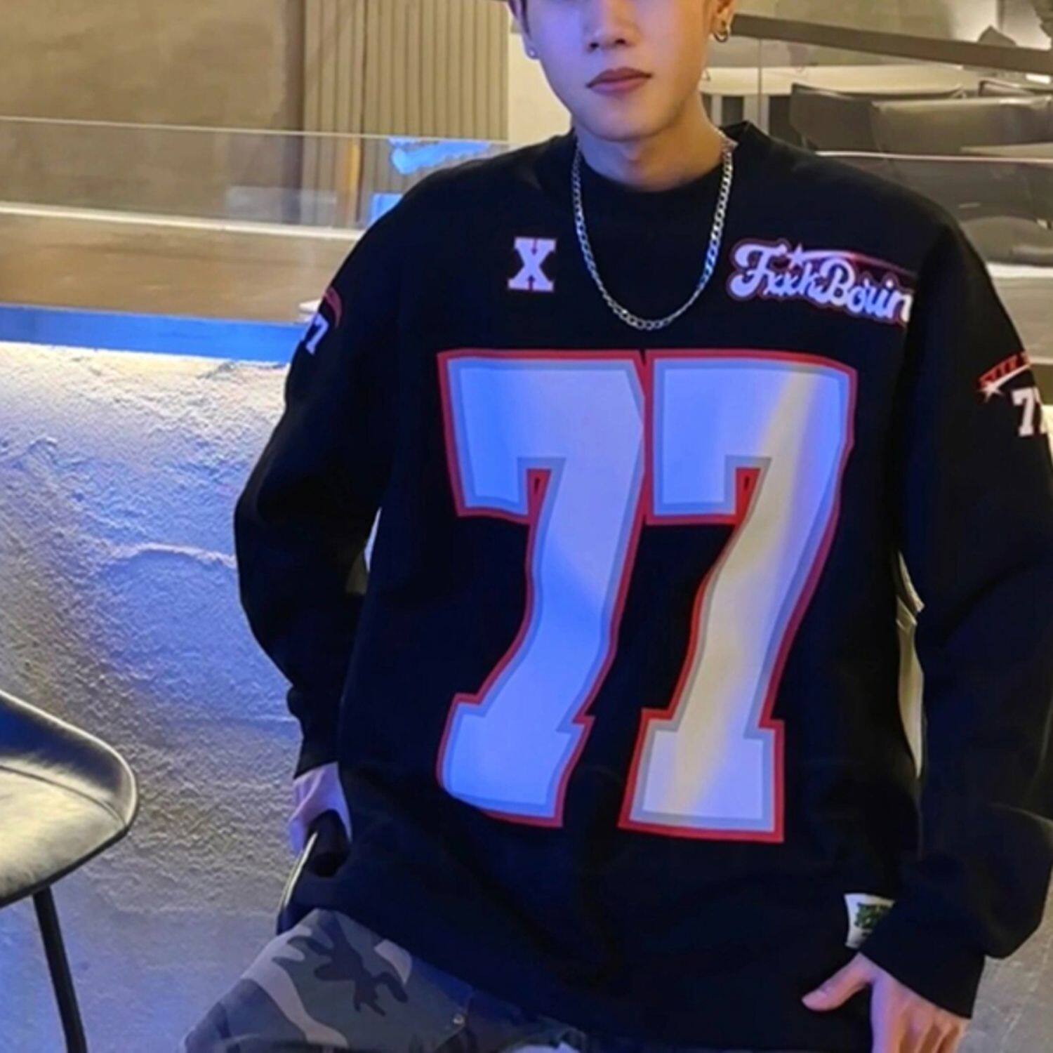 cleanfit字母印花卫衣男痞帅圆领无帽长袖外套hiphop重磅冰球服