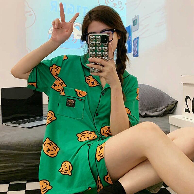 PAJAMA SETS TURN-DOWN COLLAR SHORT SLEEVE WOMEN SUMMER TIGER
