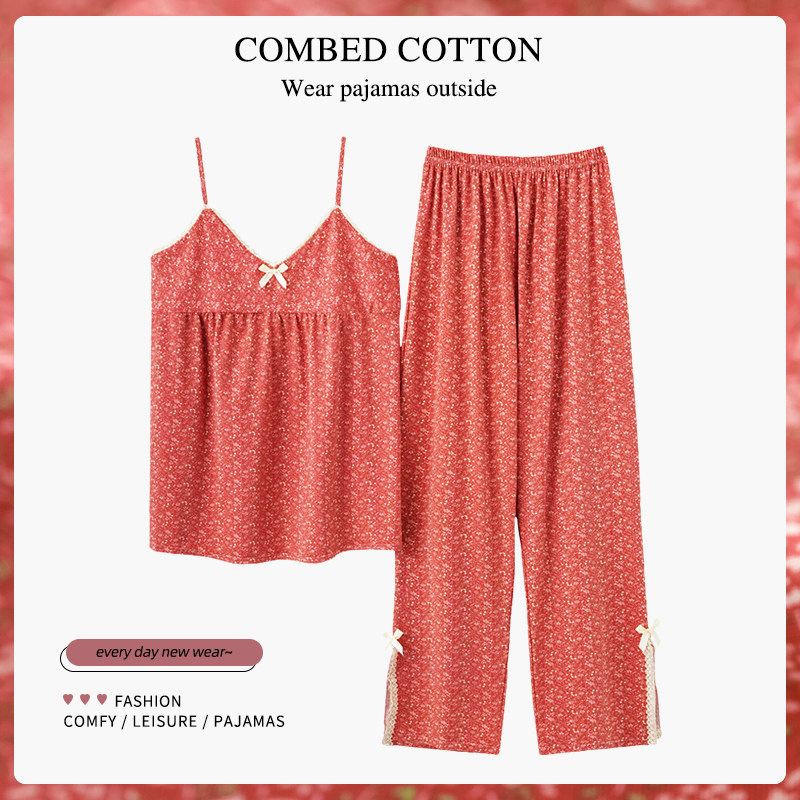 여름 신상품 니트 모조 면 잠옷 여성 꽃무늬 F