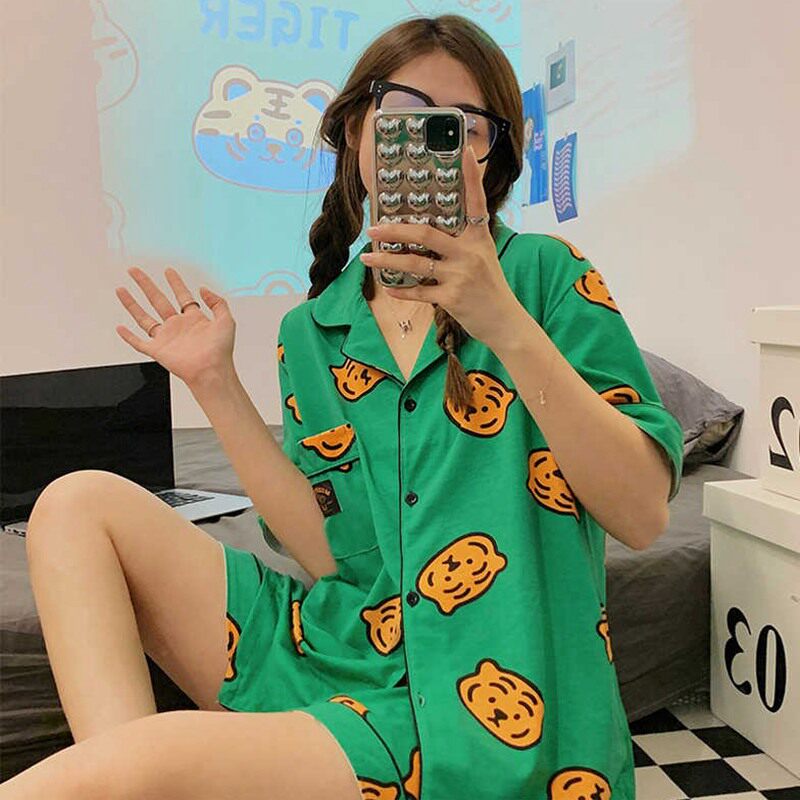 PAJAMA SETS TURN-DOWN COLLAR SHORT SLEEVE WOMEN SUMMER TIGER