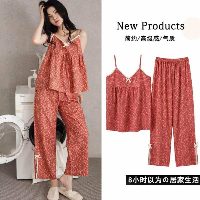 여름 신상품 니트 모조 면 잠옷 여성 꽃무늬 F