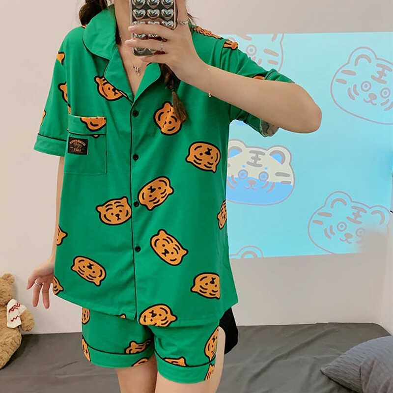 PAJAMA SETS TURN-DOWN COLLAR SHORT SLEEVE WOMEN SUMMER TIGER