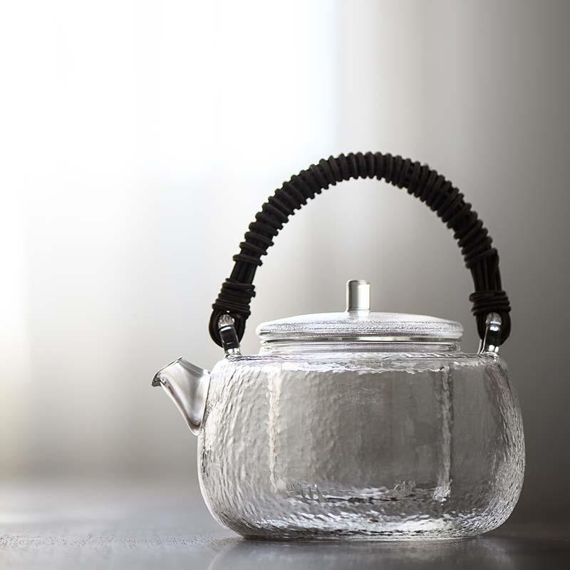 日式锤纹玻璃煮茶壶藤编提梁壶耐高温烧水壶电陶炉煮茶器|