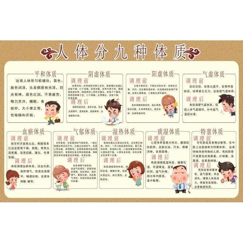 中医养生馆人体九种体质辨识调养方法知识海报装饰画挂图广告贴纸
