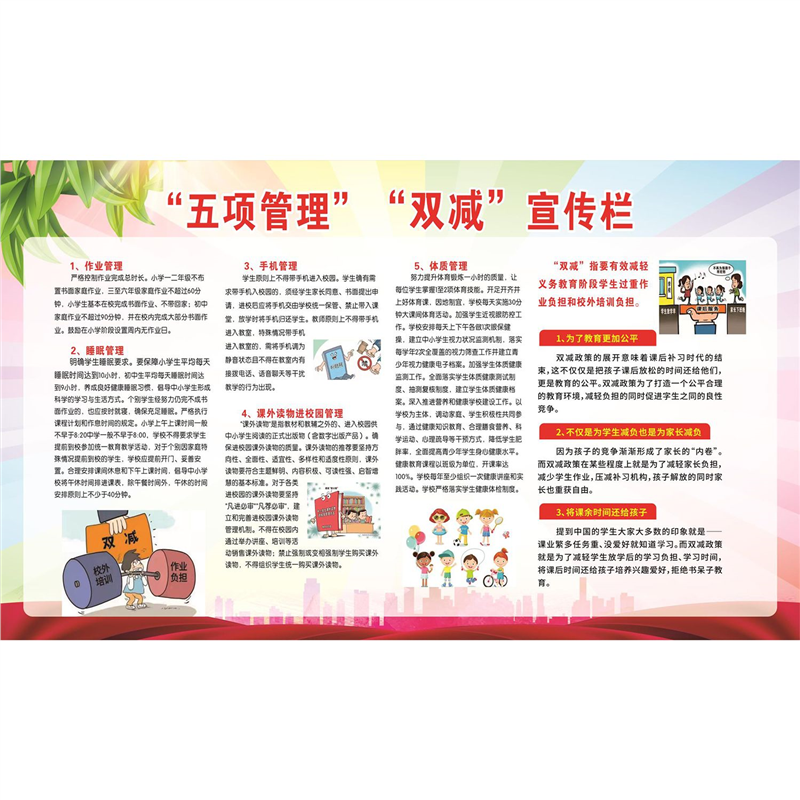 学校双减政策五项管理内容宣传栏贴画纸挂图展板海报印制
