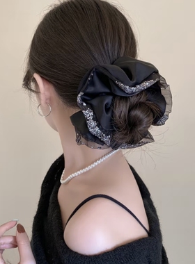 COISINI黑色水钻缎面大肠发圈高级感扎头发皮筋头花时尚洋气头饰