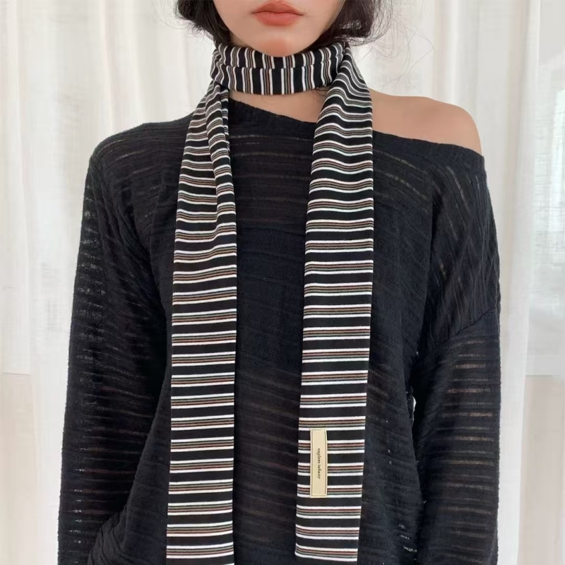 条纹细窄长条小围巾女秋冬