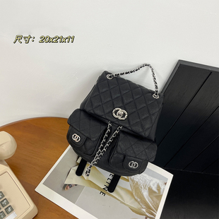 小众设计款高级质感小香风双口袋包包菱格链条背包时尚通勤双肩包