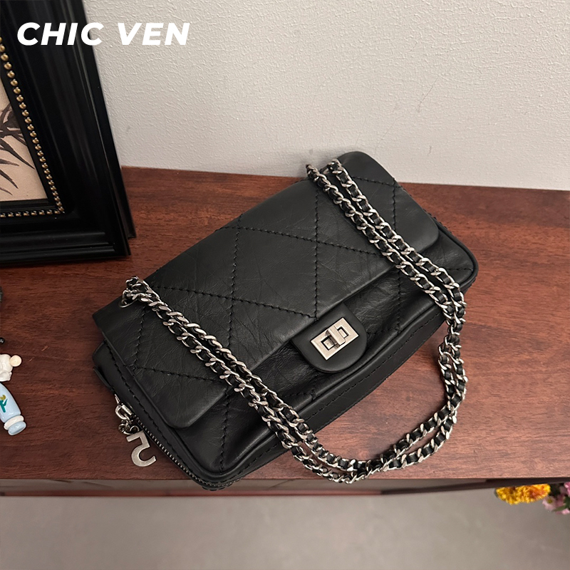 CHIC VEN菱格链条包包上班洋气百搭单肩斜挎包时尚气质真皮小方包