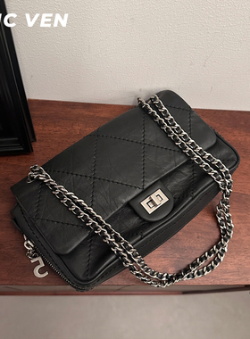 CHIC VEN菱格链条包包上班洋气百搭单肩斜挎包时尚气质真皮小方包
