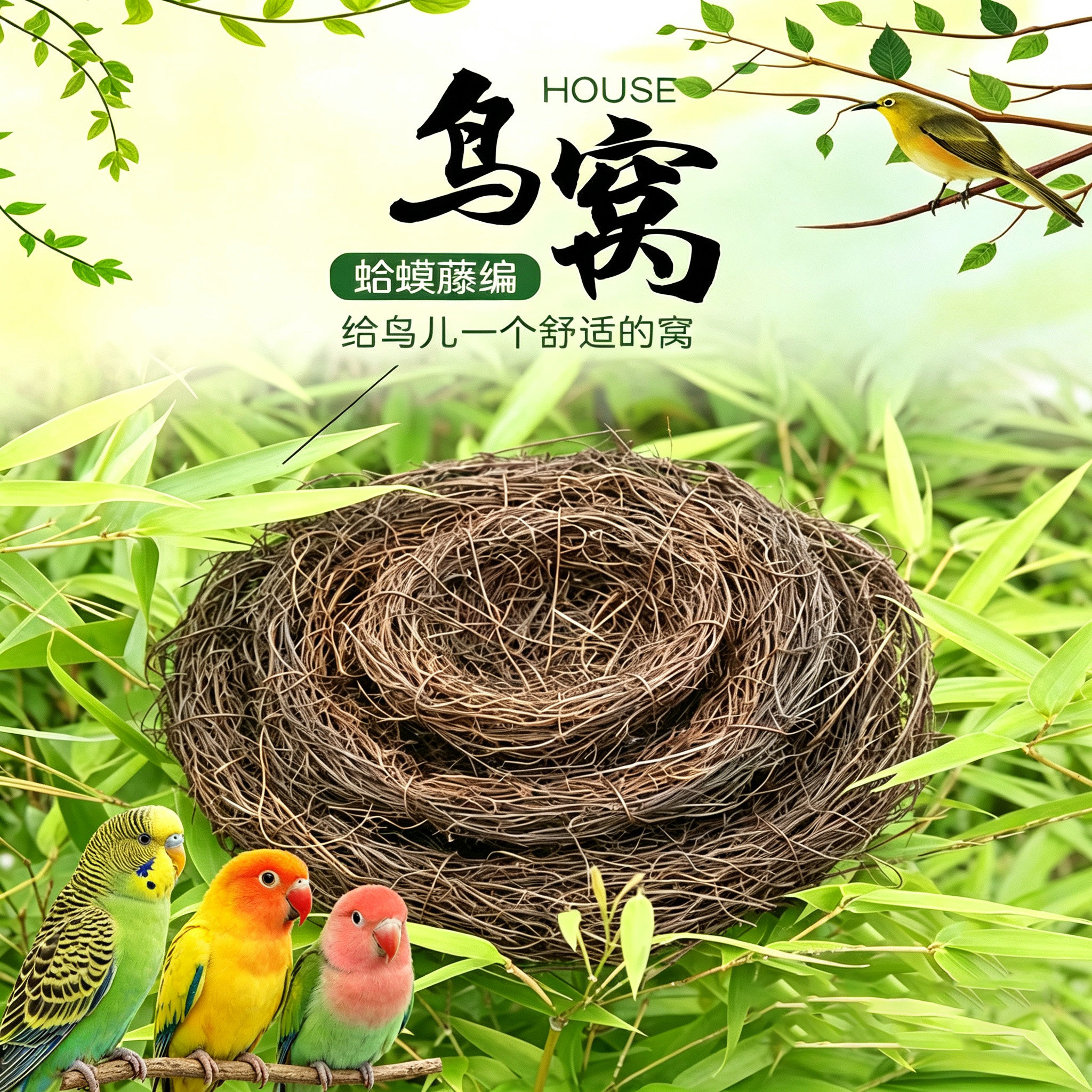 鸟窝仿真蛤蟆藤编小鸟窝鸟巢仿真装饰复活节用品道具假鹌鹑蛋鸟蛋