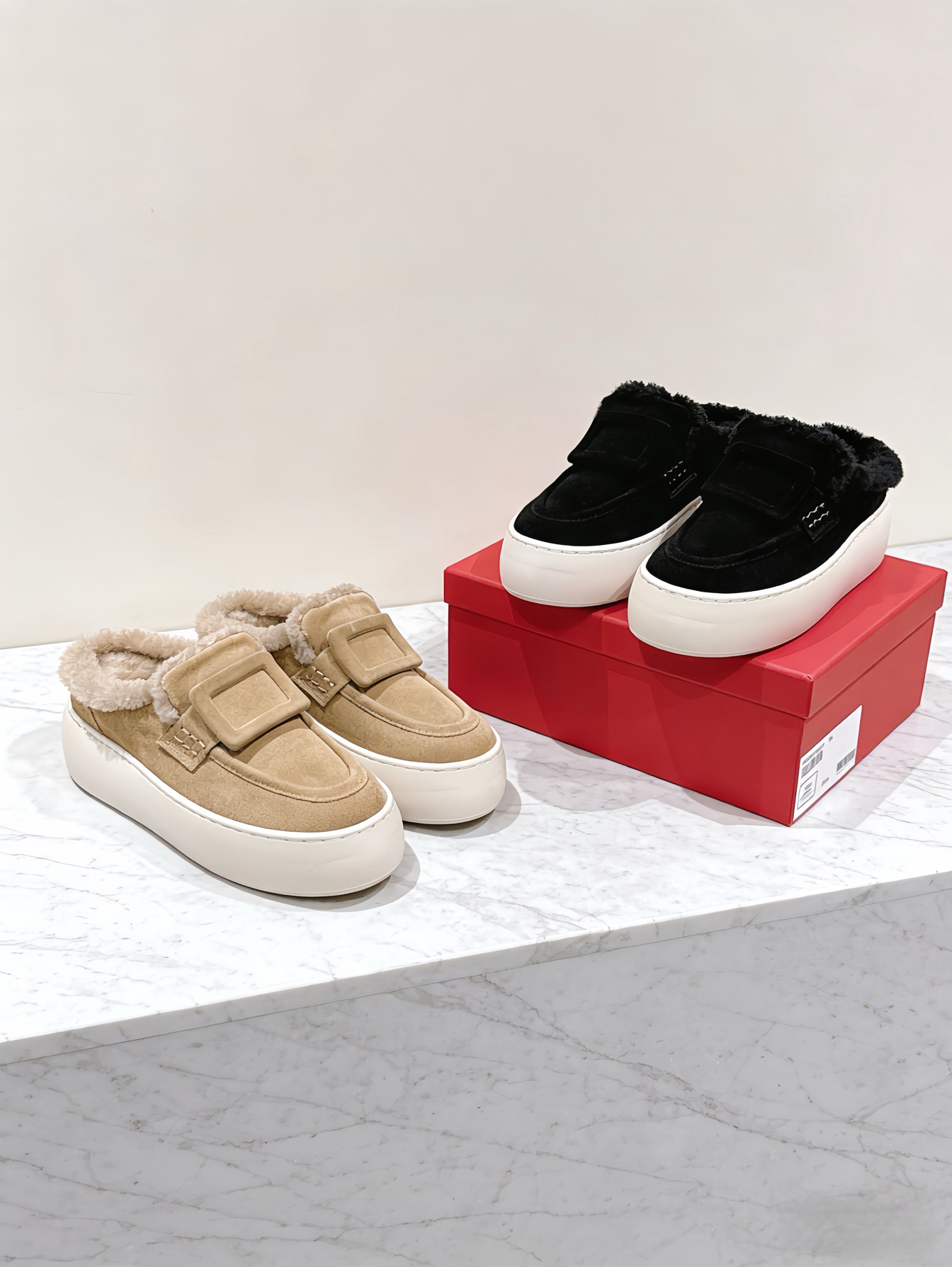 2025秋冬新款方扣毛毛拖松糕鞋磨砂皮加绒包头半拖休闲外穿穆勒鞋