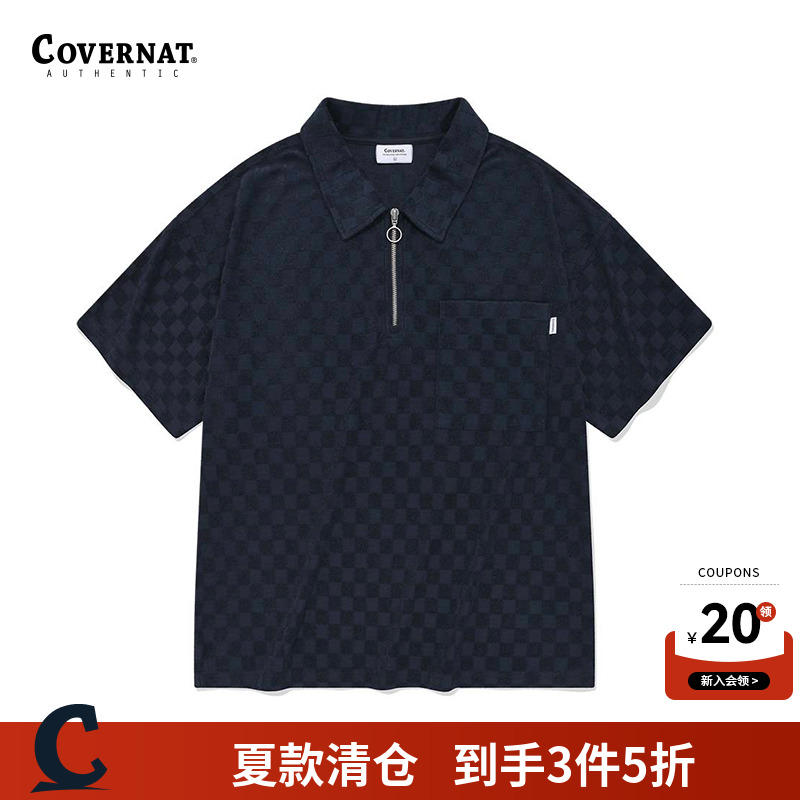 covernat韩国潮牌格子板短袖翻领T恤半拉链宽松休闲百搭情侣夏季