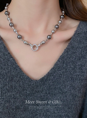 灰色珍珠项链女款2025新款爆款锁骨链高级感轻奢小众毛衣链配饰