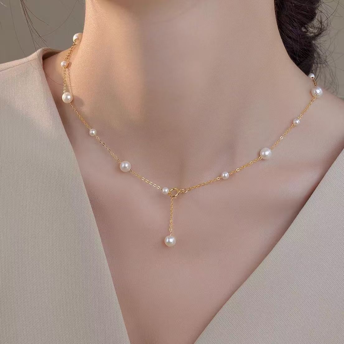 纯银满天星天然淡水珍珠项链女轻奢小众高级锁骨链小米珠时尚颈链