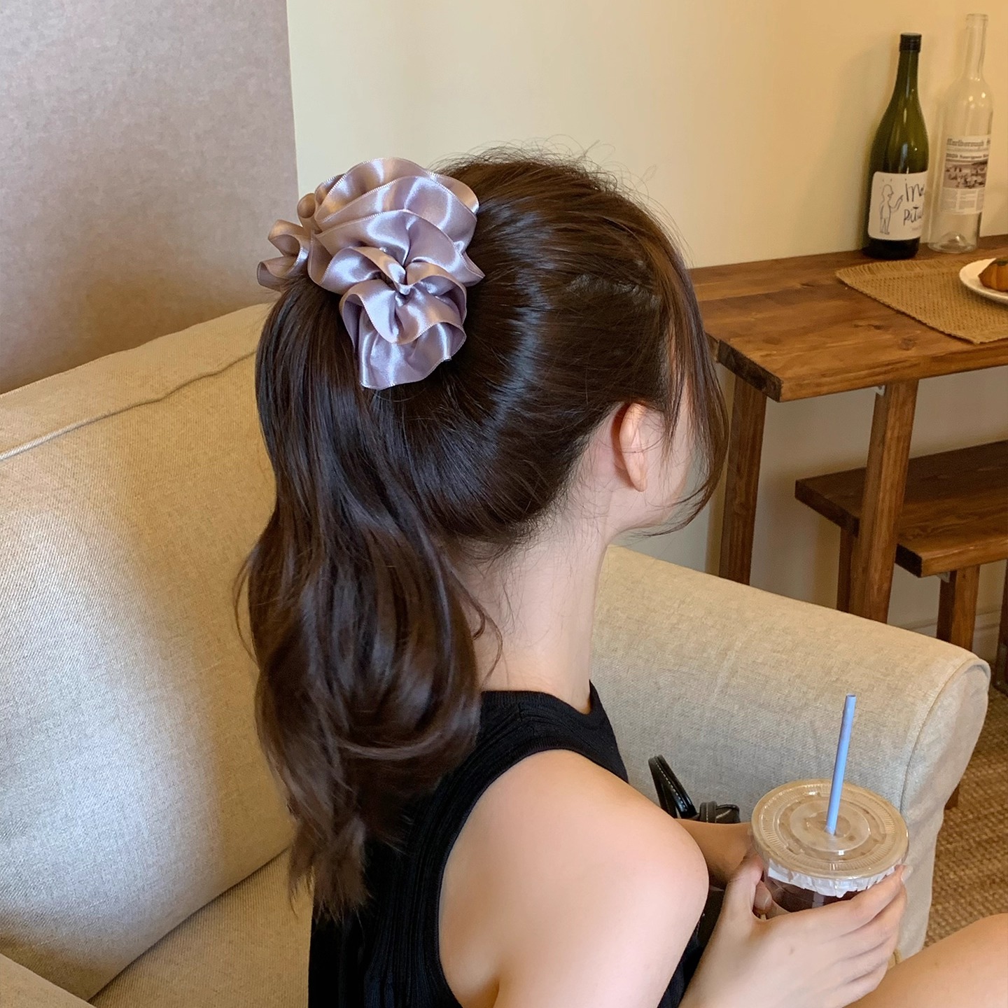 韩系复古立体缎面褶皱花边香蕉夹女后脑勺抓夹马尾夹竖夹头饰发卡