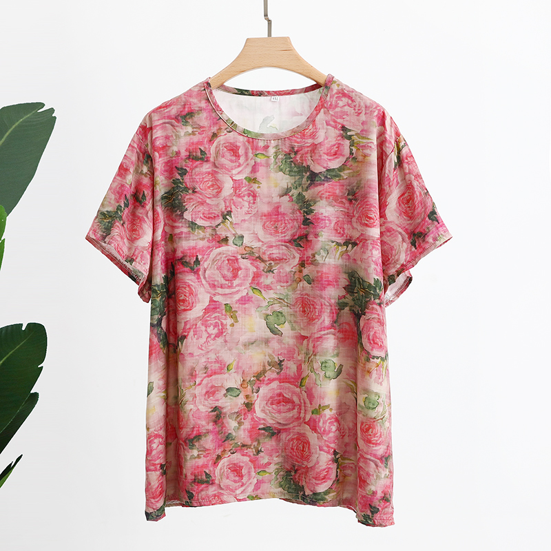 2025棉绸大码女装圆领衫夏季宽松短袖t恤衫人造棉薄款妈妈装上衣