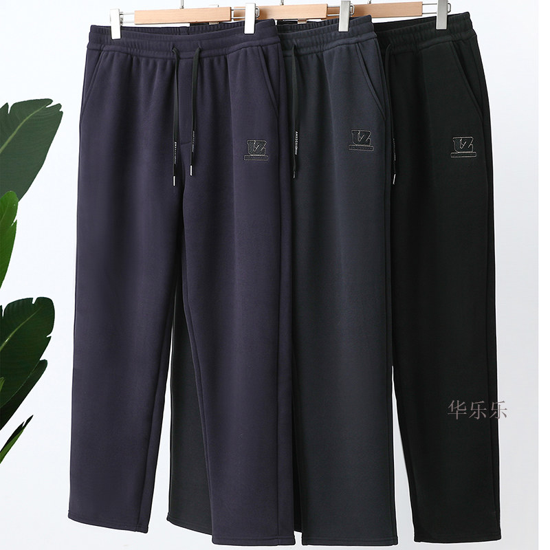 秋冬款加绒直筒裤男高腰休闲裤中老年保暖外穿长裤大码爸爸装裤子