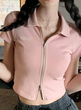 2025夏季纯欲风polo修身t恤女短袖拉链短款粉色上衣甜美百搭显瘦