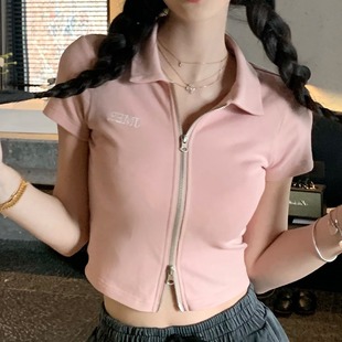 粉色上衣甜美百搭显瘦 2025夏季 纯欲风polo修身 t恤女短袖 拉链短款