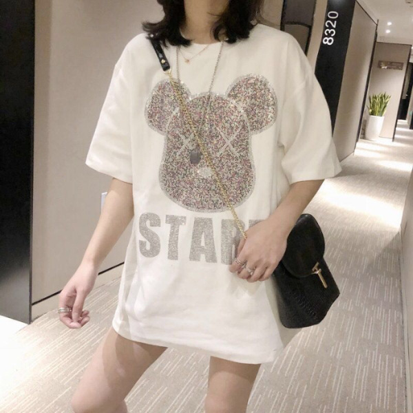 春夏装新款韩版ins烫钻小熊字母洋气大码女装中长宽松短袖T恤女