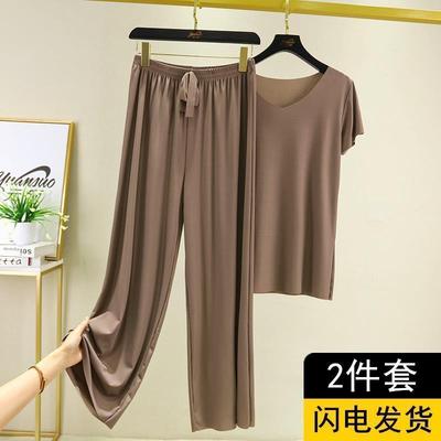 夏季新款冰丝睡衣两件短袖长裤子套装女家居服休闲宽松阔腿裤