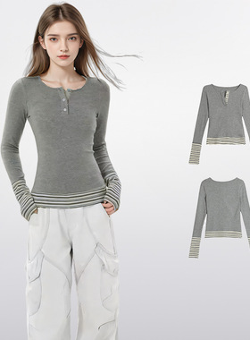 灰色假两件亨利领长袖t恤女早春修身内搭打底衫正肩短款上衣春秋