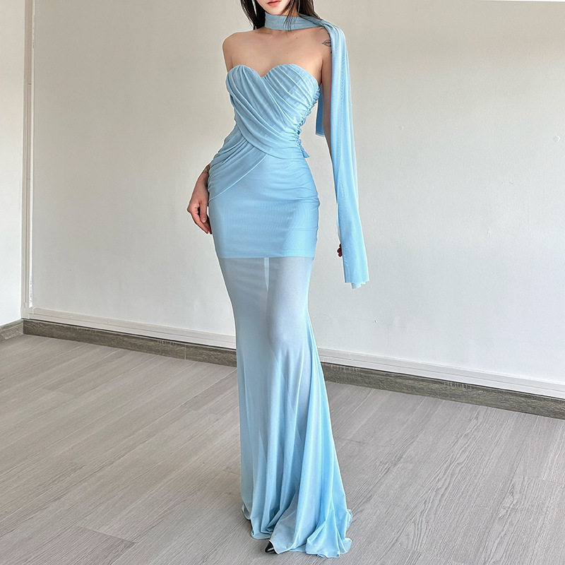 跨境欧美风2025夏季新款女装褶皱缠绕设计飘逸摆抹胸鱼尾连衣裙