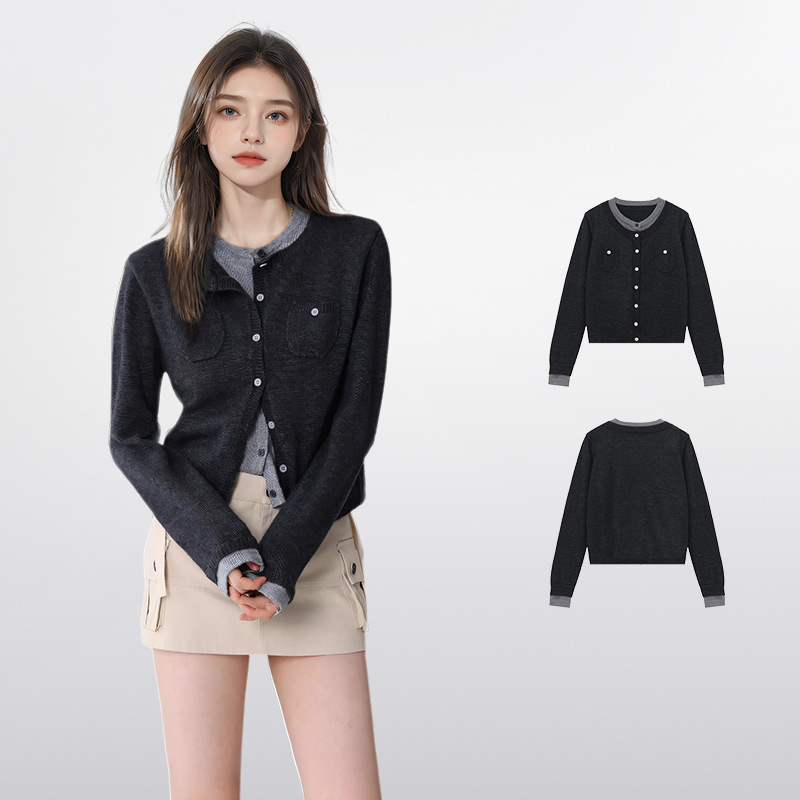 灰色假两件针织衫开衫女春秋短款内搭打底衫羊毛毛衣外套上衣秋装