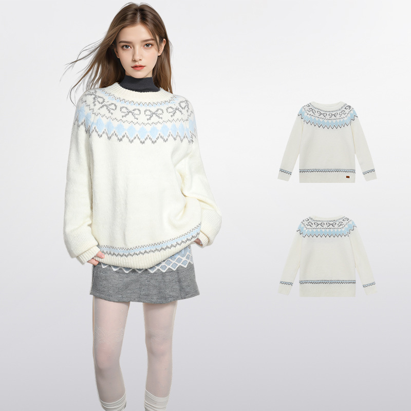 白色费尔岛套头毛衣女秋冬慵懒风加厚内搭打底圆领针织衫上衣冬季
