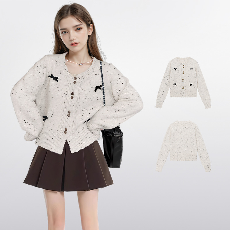 小香风蝴蝶结针织开衫女早秋秋冬2024新款设计感短款毛衣外套上衣