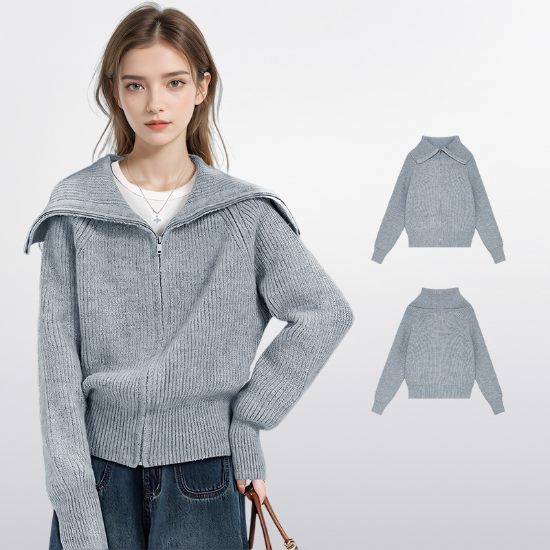 灰色海军领翻领针织毛衣外套女秋冬季小个子宽松加厚开衫短款上衣