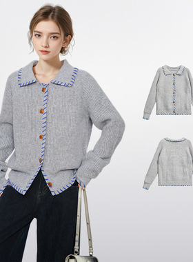 灰色polo翻领针织开衫毛衣外套女秋冬季宽松慵懒加厚羊毛外穿上衣