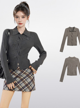 灰色polo领长袖针织衫女秋冬季设计感小众修身内搭打底衫针织