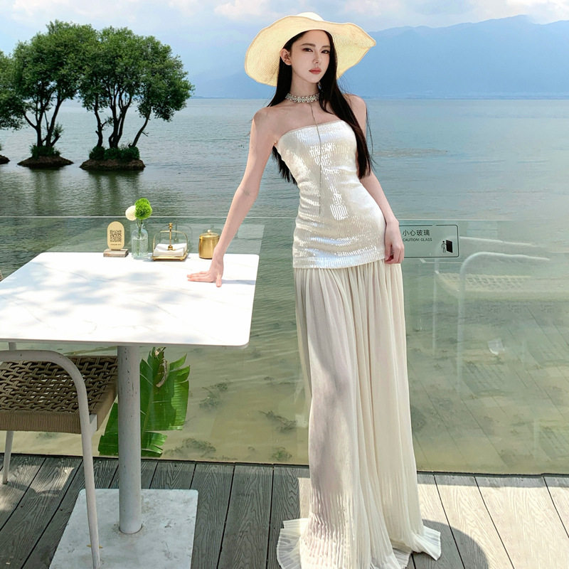 法式绝美度假风亮片拼接抹胸连衣裙女夏季海边高级感收腰显瘦长裙