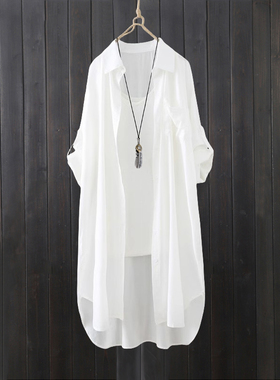 跨境Womens Shirt中长款纯色白衬衫女夏装宽松防晒衣薄款衬衣外套