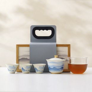 便携茶壶茶杯盖碗商务礼品定制logo 水墨远山一壶三杯旅行茶具套装