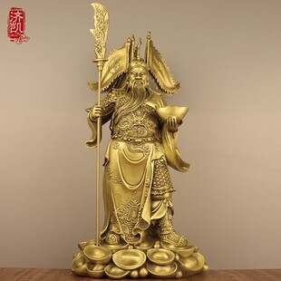 济凯纯黄铜立刀关公摆件托元宝五令旗关公家居办公桌玄关店铺摆件