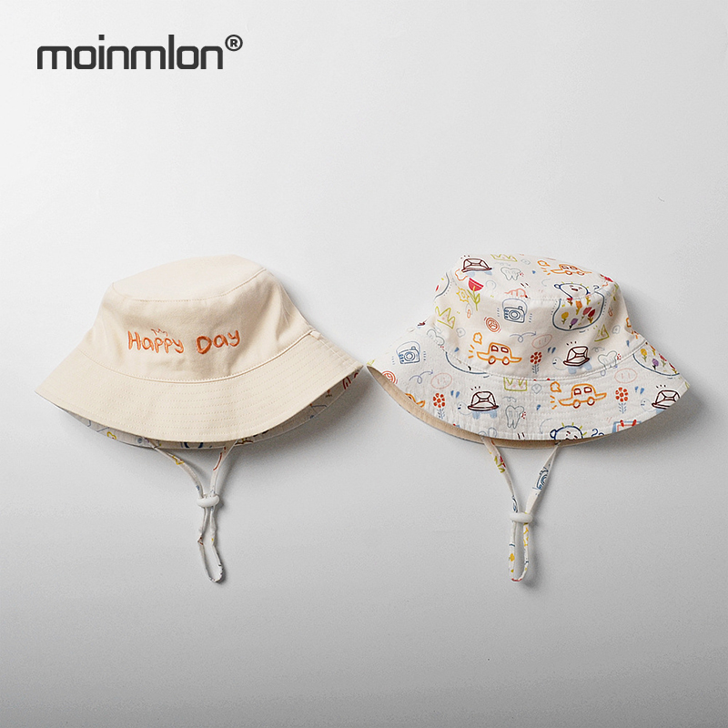 moinmlon双面戴春夏新款儿童遮阳渔夫帽宝宝防晒太阳帽透气棉婴儿