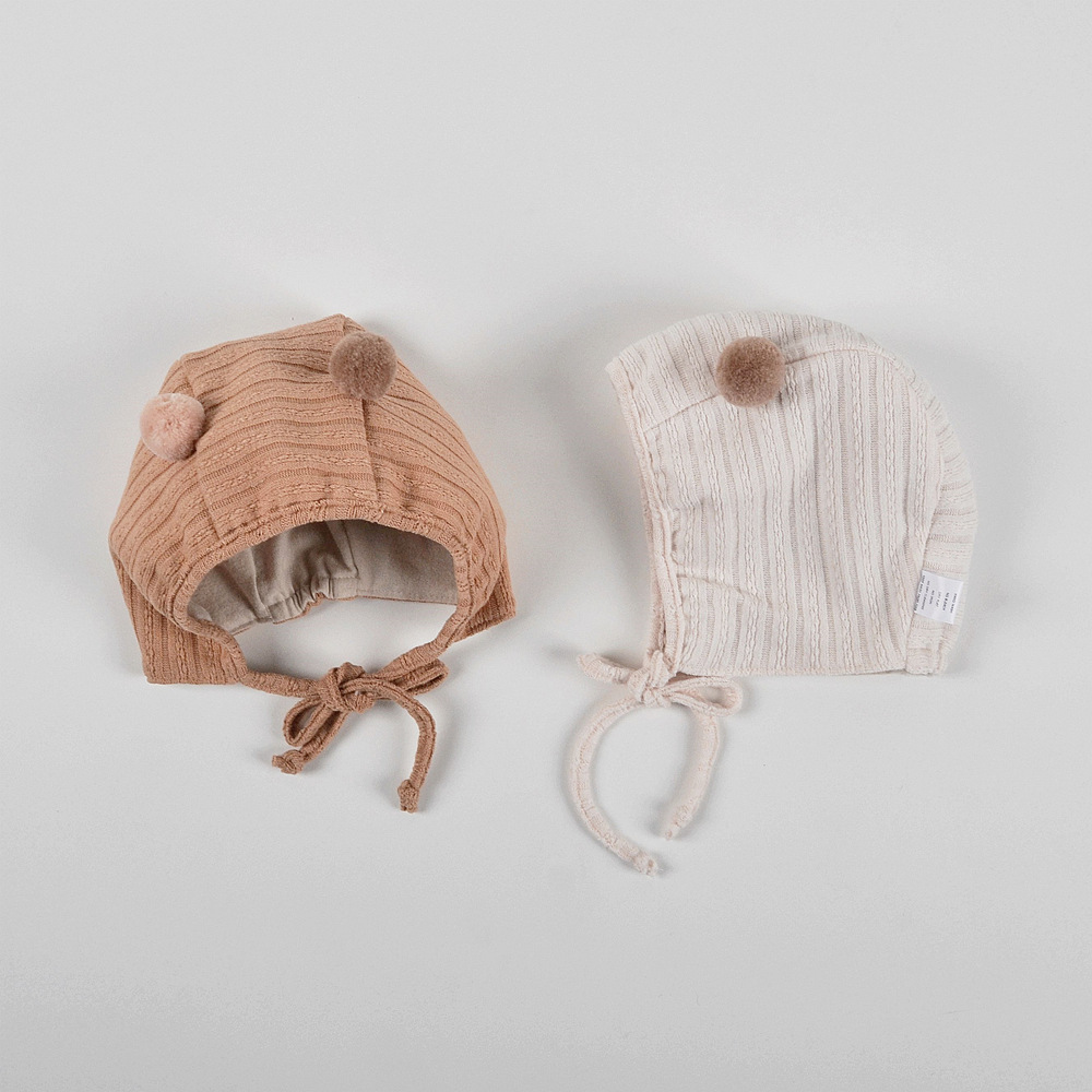 moinmlon婴儿秋冬保暖包脸护耳帽宝宝可爱小月龄针织球球宫廷帽