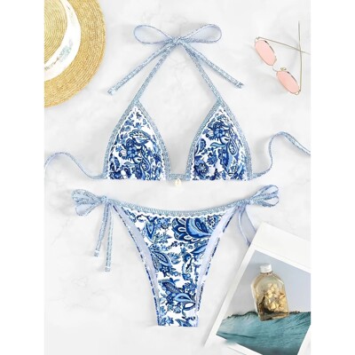 Printed lace up hanging neck split bikini印花系带挂脖比基尼