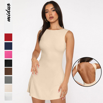 Sleeveless backless waist cinching dress无袖露背收腰连衣裙女