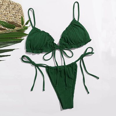 Solid color suspender strap split bikini纯色吊带绑带分体泳装