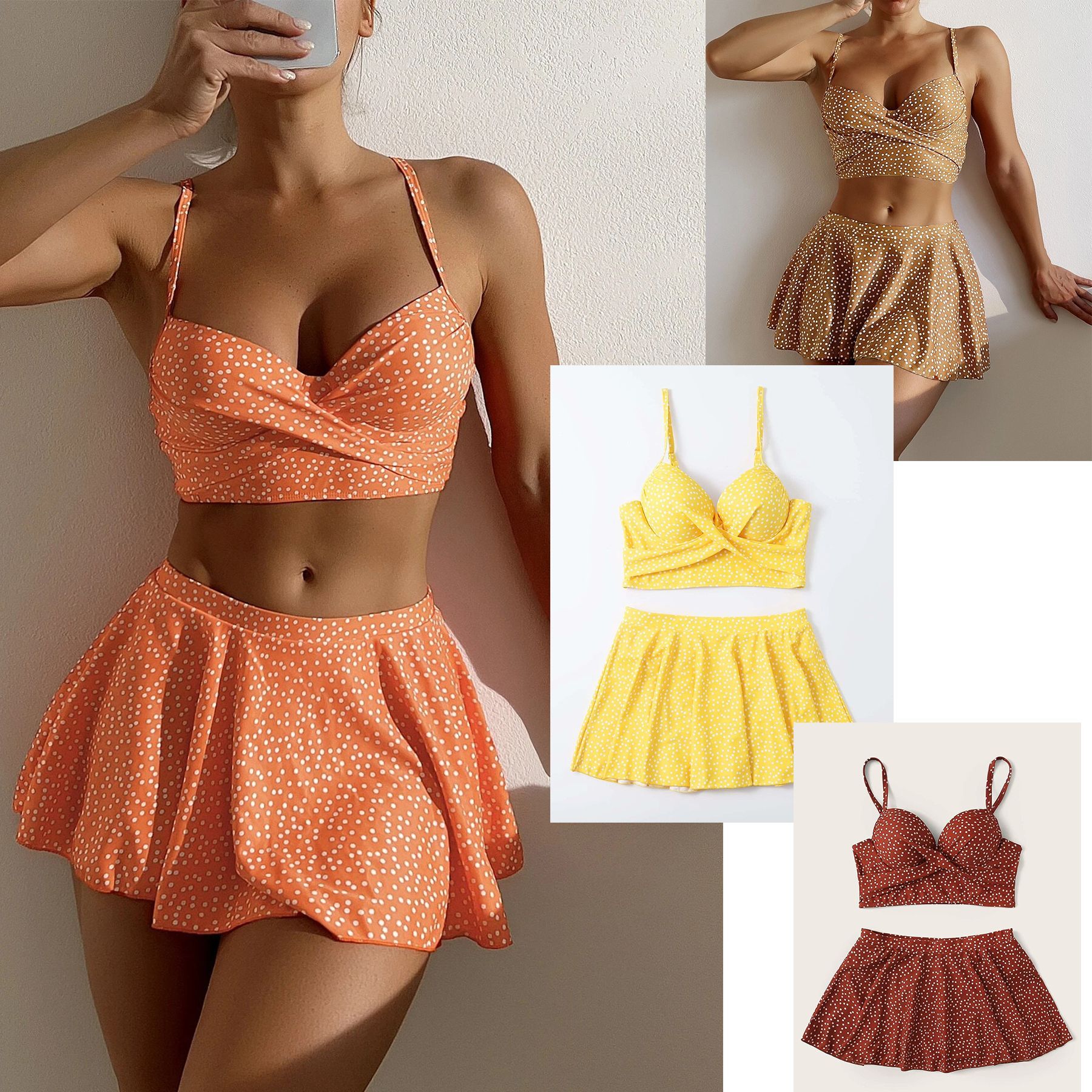 Printed short skirt suspender swimsuit印花短裙吊带比基尼套装