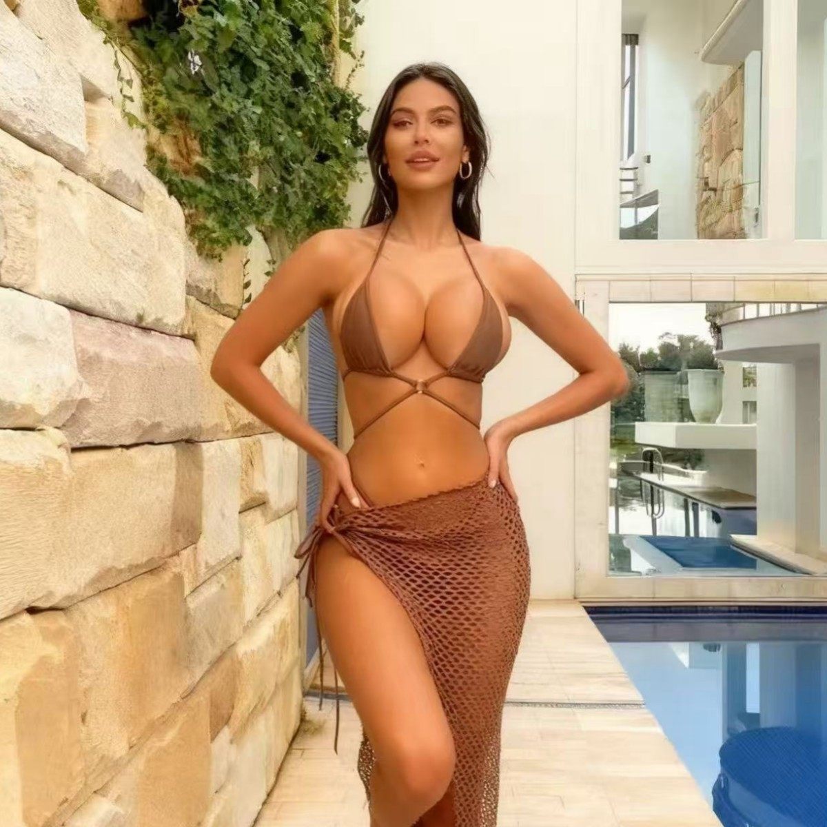 Solid color strap split bikini long skirt纯色绑带分体比基尼