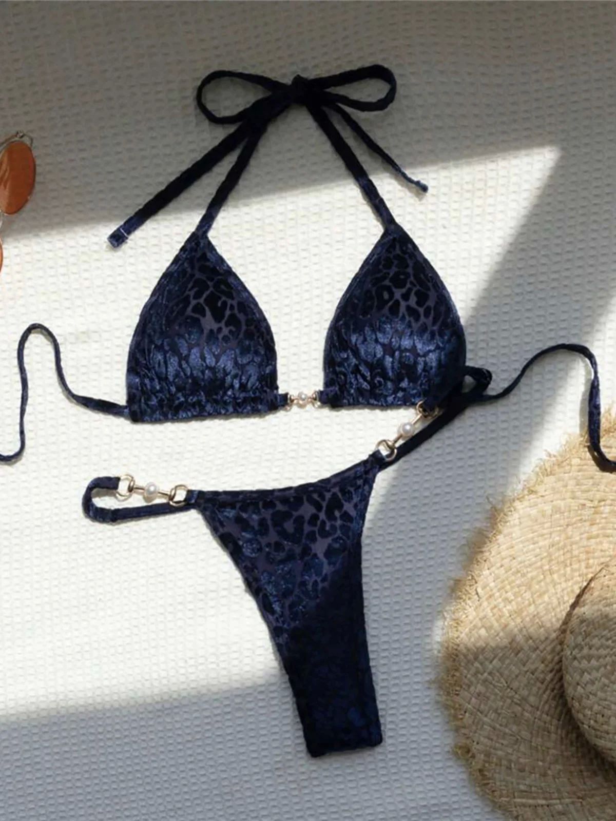 Leopard stripe tie neck bikini set豹纹系带挂脖链条比基尼套装