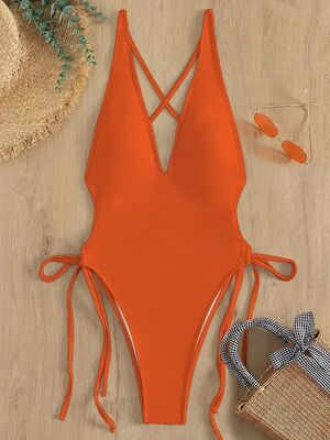 Solid color lace up V-neck one-piece swimsuit纯色系带V领泳衣