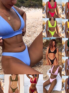 Solid color low neck strapless bikini纯色低领抹胸比基尼套装